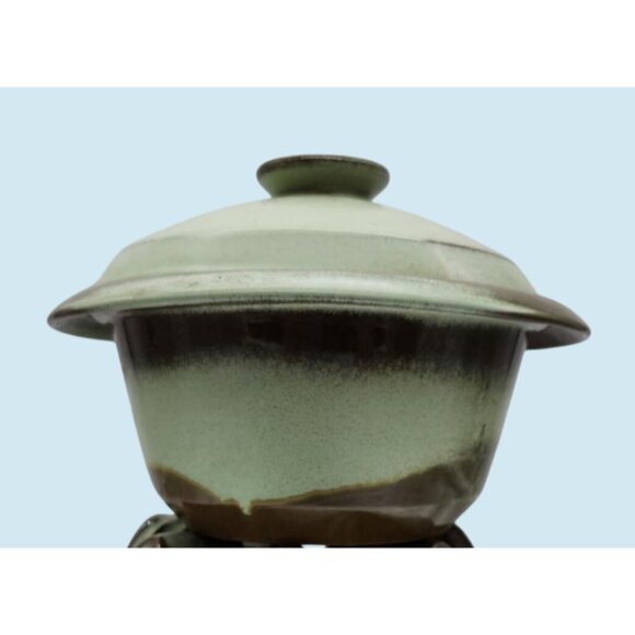 Frankoma 6V Brown & Green Glazed Ceramic Casserole Dish and Warmer Base and Lid - Picture 2 of 10